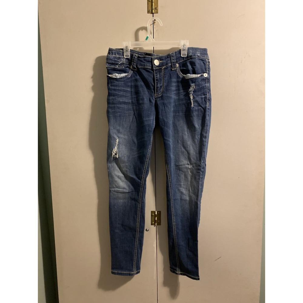 Seven 7 Jeans Womens 10 Blue Denim Cotton Blend Slim Straight Pockets Distressed